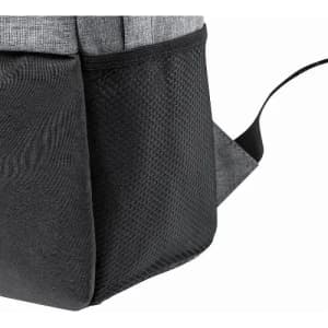 A backpack featuring a grey fabric upper and a textured black mesh side pocket.