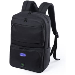 A black backpack with multiple compartments and padded shoulder straps. The front has a small logo and a light feature.