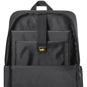 A black backpack interior featuring a padded compartment and a strap for securing items, with a branding logo present.