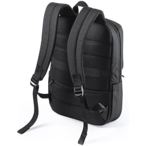 A black backpack with padded straps and a textured back panel, featuring adjustable straps.