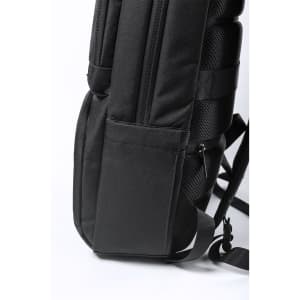 A black backpack featuring a side pocket and adjustable straps, with a textured material design.