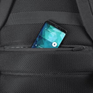 A black backpack featuring a mesh pocket with a smartphone partially visible inside. The bag has adjustable straps.