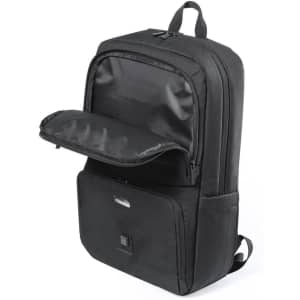 A black backpack with a front pocket and a spacious main compartment unzipped, featuring a sleek design and straps.