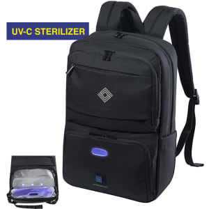 A black backpack featuring a UV-C steriliser compartment and a logo. It has adjustable straps and multiple pockets.