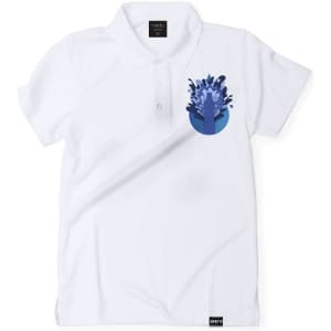 A white polo shirt featuring a blue graphic design and a branded label at the bottom.