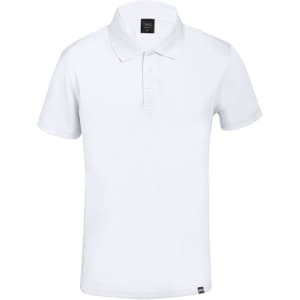 A white polo shirt featuring a collared neck and short sleeves, with a logo at the hem.