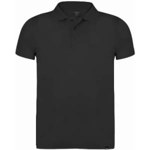 A black polo shirt featuring a collar and three buttons, with a small logo at the hem.