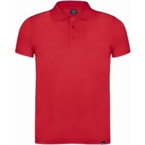 A red polo shirt with a collar and three buttons, featuring a small logo on the hem.