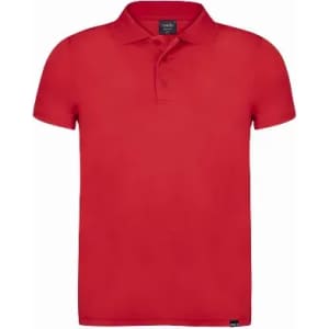 A red polo shirt with a collar and short sleeves, featuring a small logo.