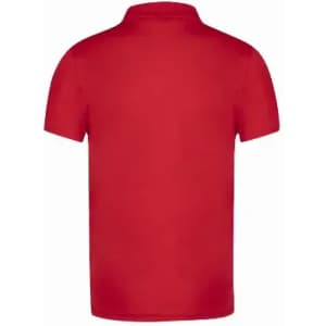 A red polo shirt with a collar, featuring a plain design. It has no visible text or logos.