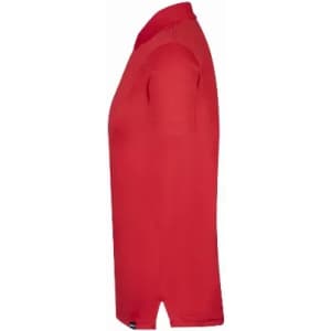 A red polo shirt with short sleeves and a collar, featuring a side view and a branded logo.