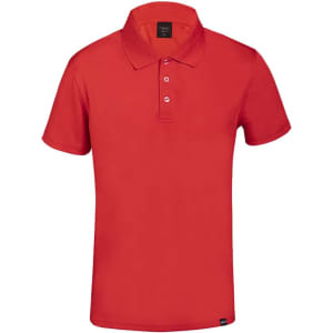 A red polo shirt featuring a collared neckline and three buttons at the front, with a logo on the label.