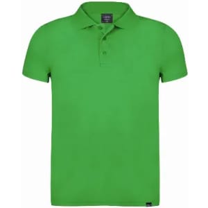 A green polo shirt with a collared neck and a small logo on the hem.