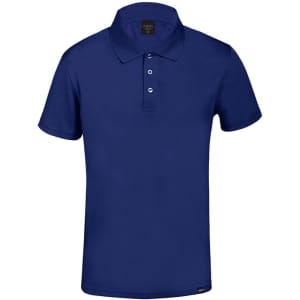 A navy polo shirt with a fold-down collar and three-button placket, featuring a brand logo on the label.