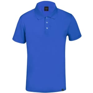 A blue polo shirt with a folded collar and three-button placket, featuring a logo on the label.