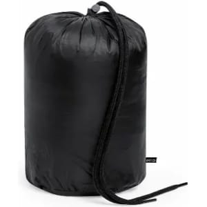 A black drawstring bag with a smooth finish and a braided cord closure. The bag has a simple design.