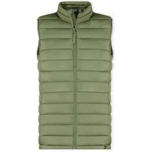 A green sleeveless puffer vest with a zip front and a high collar, featuring a quilted design.