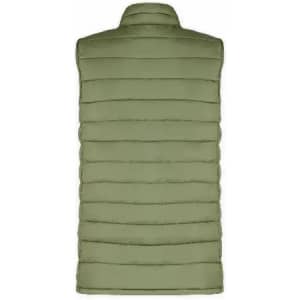 A sleeveless puffer vest in olive green with a quilted design and a high collar.