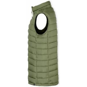 A green puffer vest with a sleeveless design, featuring a high collar and quilted texture.