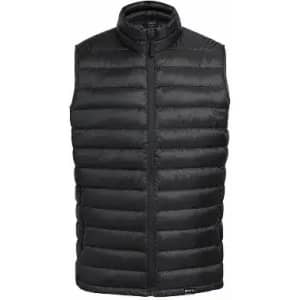 A black puffer vest with a high collar and zip closure, featuring a quilted design for insulation.