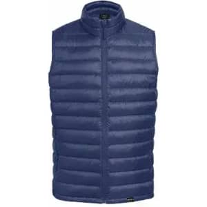 A padded navy blue vest with a high collar and zip closure, featuring a logo on the front.