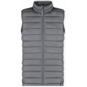 A grey puffer vest featuring a zip front and high collar, designed for warmth without sleeves.