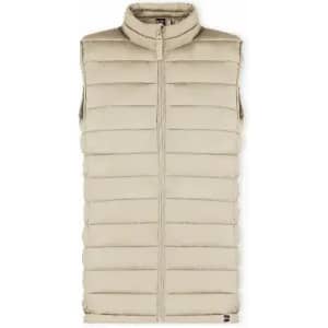 A sleeveless puffer vest in a light beige colour with horizontal quilted panels and a high collar.