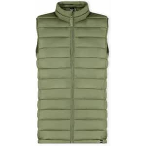 A sleeveless puffer vest in olive green with a quilted design and a front zip closure.