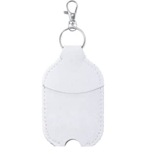 A white promotional keychain holder with a metal clip and stitched edges, featuring a pocket for storage.