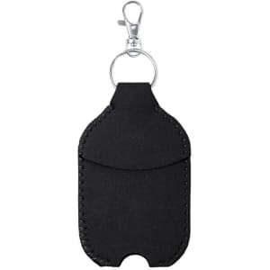 A drink bottle holder in black with a stitched design and a metal clip for attachment.