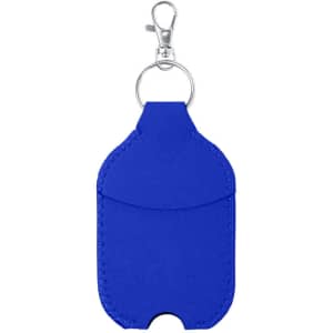 A drink bottle holder in vibrant blue with a clip attachment and a pocket for storage. It features a logo.