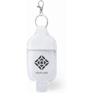 A white drink bottle holder with a clip, featuring a logo on the front. The bottle fits securely inside.