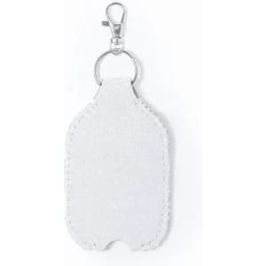 A drink bottle tag in white with a metal clip and keyring at the top. It features a simple, stitched design.