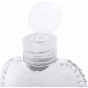 A drink bottle with a grey fabric sleeve and a transparent flip-top lid. It features a branding logo on the sleeve.