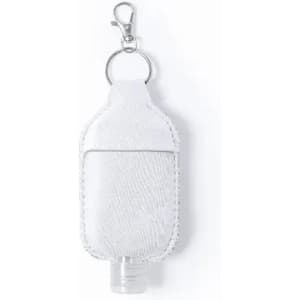 A drink bottle in white with a clip, featuring a textured surface and a clear bottom. It has a branding logo.