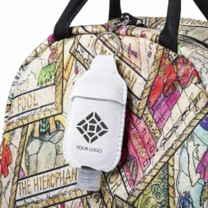 A drink bottle with a white cap, attached to a colourful bag featuring various illustrations and a logo.