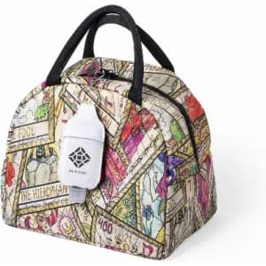 A soft, patterned cooler bag with handles, featuring vibrant illustrations and a logo on the side.