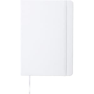 A notebook with a white cover, featuring a ribbon bookmark and an elastic closure. It has a simple, minimalist design.