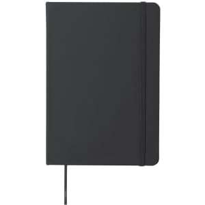A sleek black notebook with a matching elastic band and a ribbon bookmark, featuring a simple yet modern design.