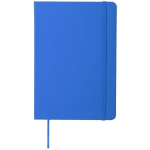A blue notebook with a smooth cover, an elastic band closure, and a ribbon bookmark. It also includes a logo.