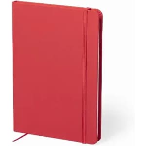 A red notebook with a textured cover, featuring an elastic band and a ribbon bookmark. It has a simple design and a logo.