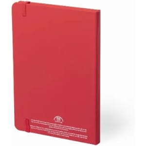 A red notebook with an elastic band closure, featuring a simple design and a logo on the cover.