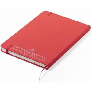 A red notebook with an adjustable elastic closure and a ribbon bookmark. It features a logo on the cover.