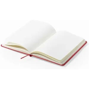 An open notebook with blank pages and a red cover, featuring a ribbon bookmark.