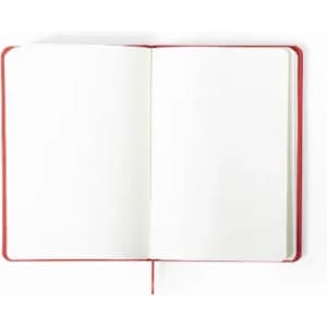 A red notebook with blank pages, featuring a ribbon bookmark and a simple design.