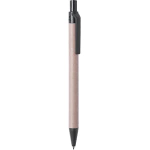 A ballpoint pen with a beige barrel and black accents. It features a clip and a smooth writing tip.