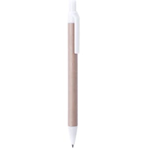 A pen with a white top and a brown kraft paper barrel, featuring a clip for easy attachment.