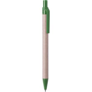 A ballpoint pen with a brown paper barrel and a green plastic clip and tip. It has a smooth design and a logo on the barrel.