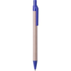 A blue ballpoint pen with a recycled brown paper barrel and a matching clip. The pen has a simple design.