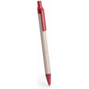 A red and natural-coloured pen with a clip. The pen has a simple, sleek design.